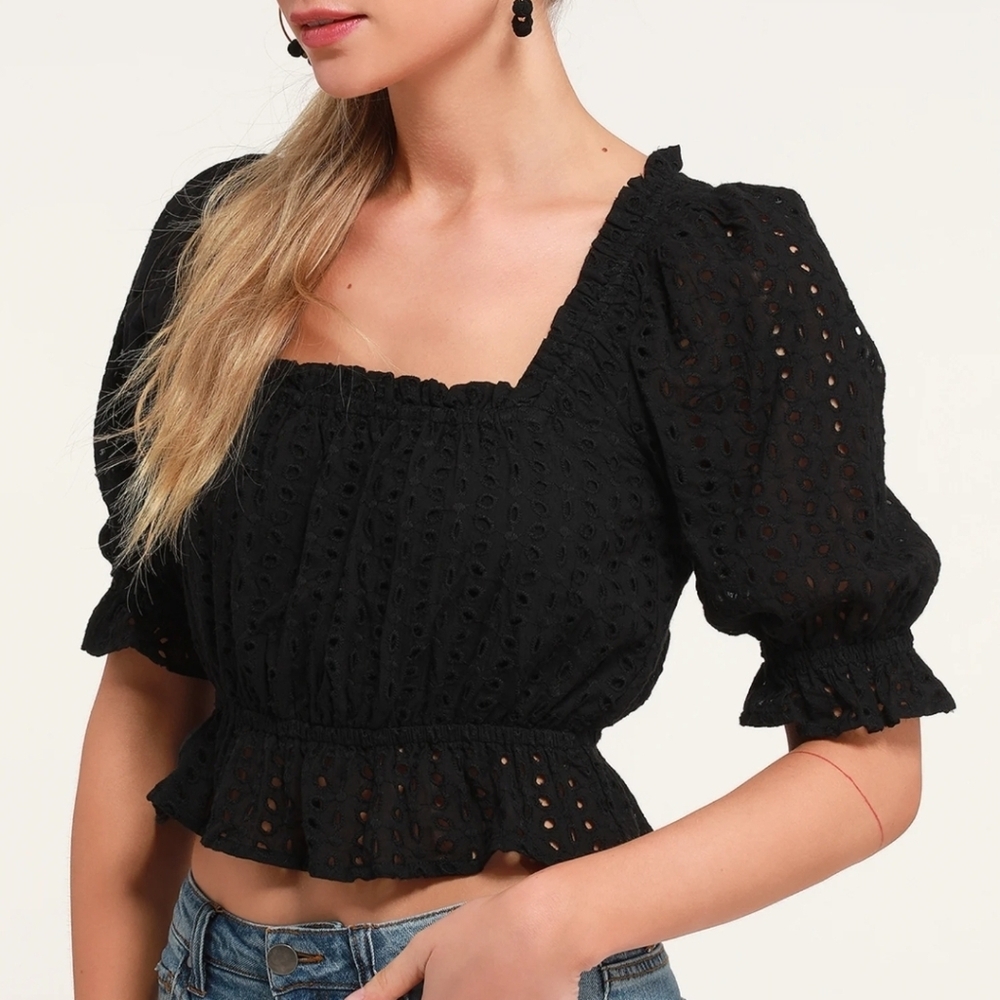 Lulus Aurora Black Lace Eyelet Cotton Top